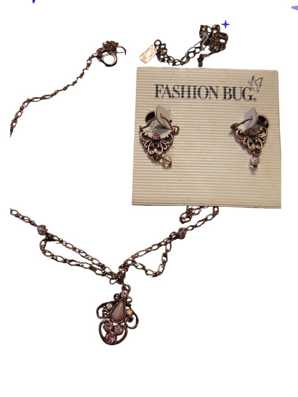 Fashion Bug Rose Gold-tone Necklace and Earring Set with Pink Accents Vtg